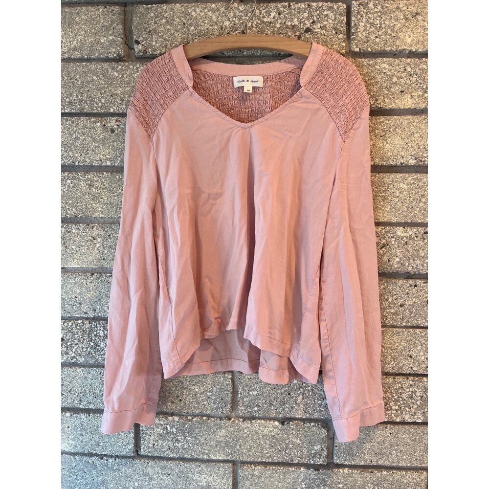 Cloth & Stone Pink Smocked V-Neck Long Sleeve Blouse Size M